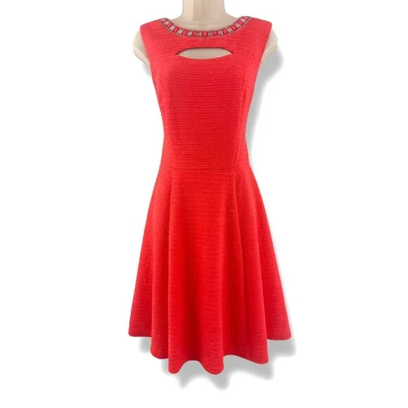 Sandra Darren Orange Coral Beaded Cutout Neckline Fit & Flare Dress Size 14 - Picture 1 of 10